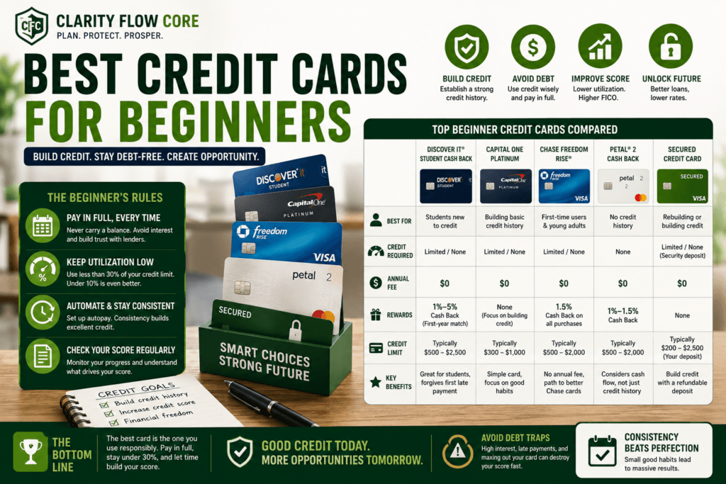 A financial comparison table showing the approval requirements and features of the best credit cards for beginners.