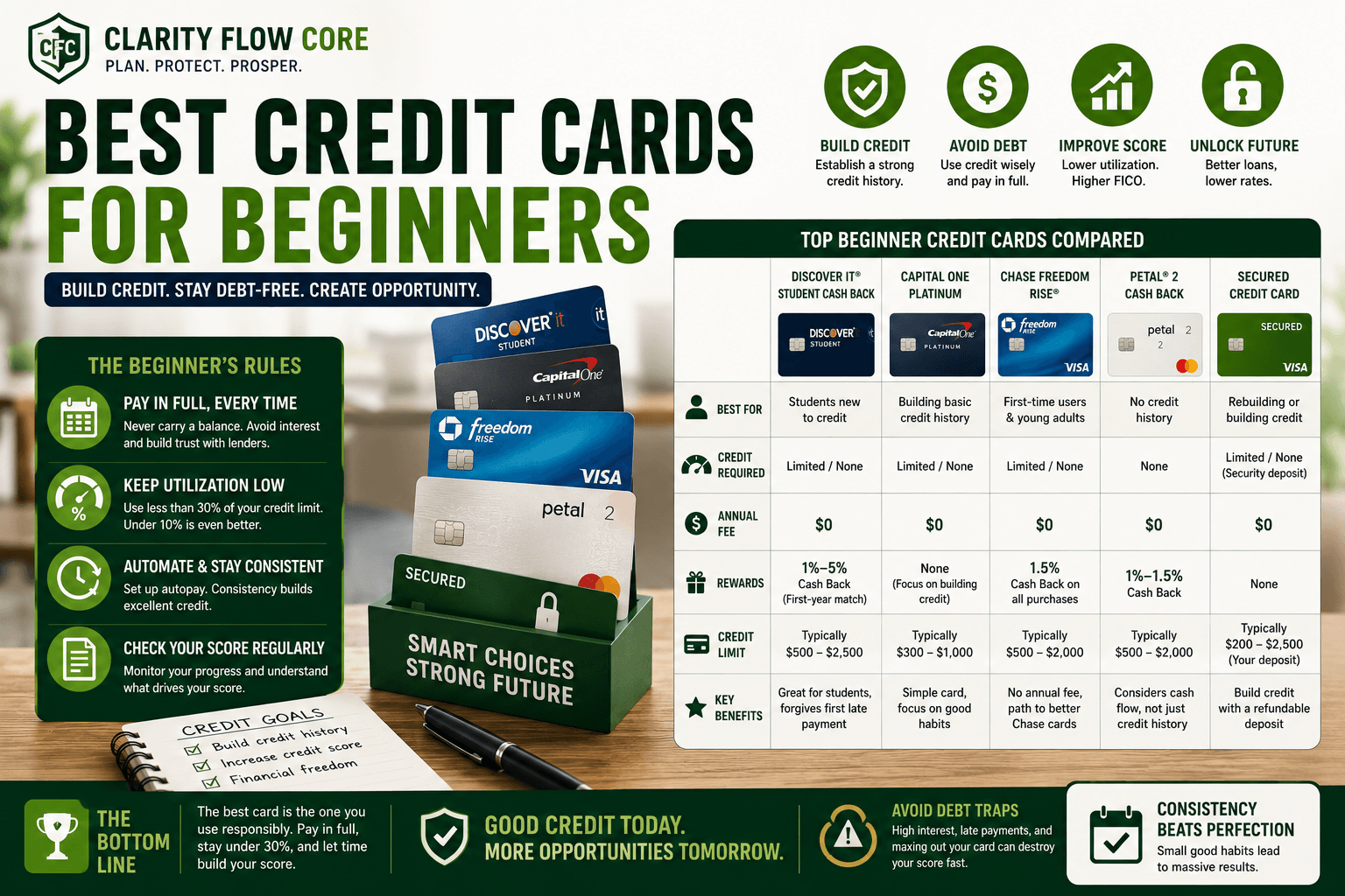A financial comparison table showing the approval requirements and features of the best credit cards for beginners.