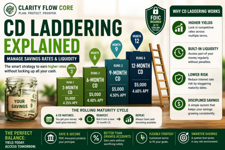 A financial breakdown chart showing the rolling maturity dates of a CD laddering strategy.
