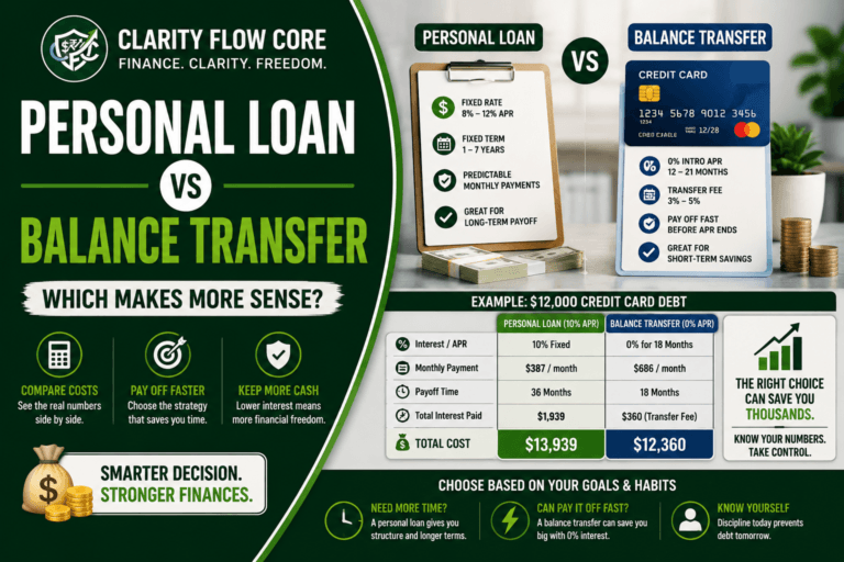 A financial comparison chart showing the mathematical differences of a personal loan vs balance transfer.