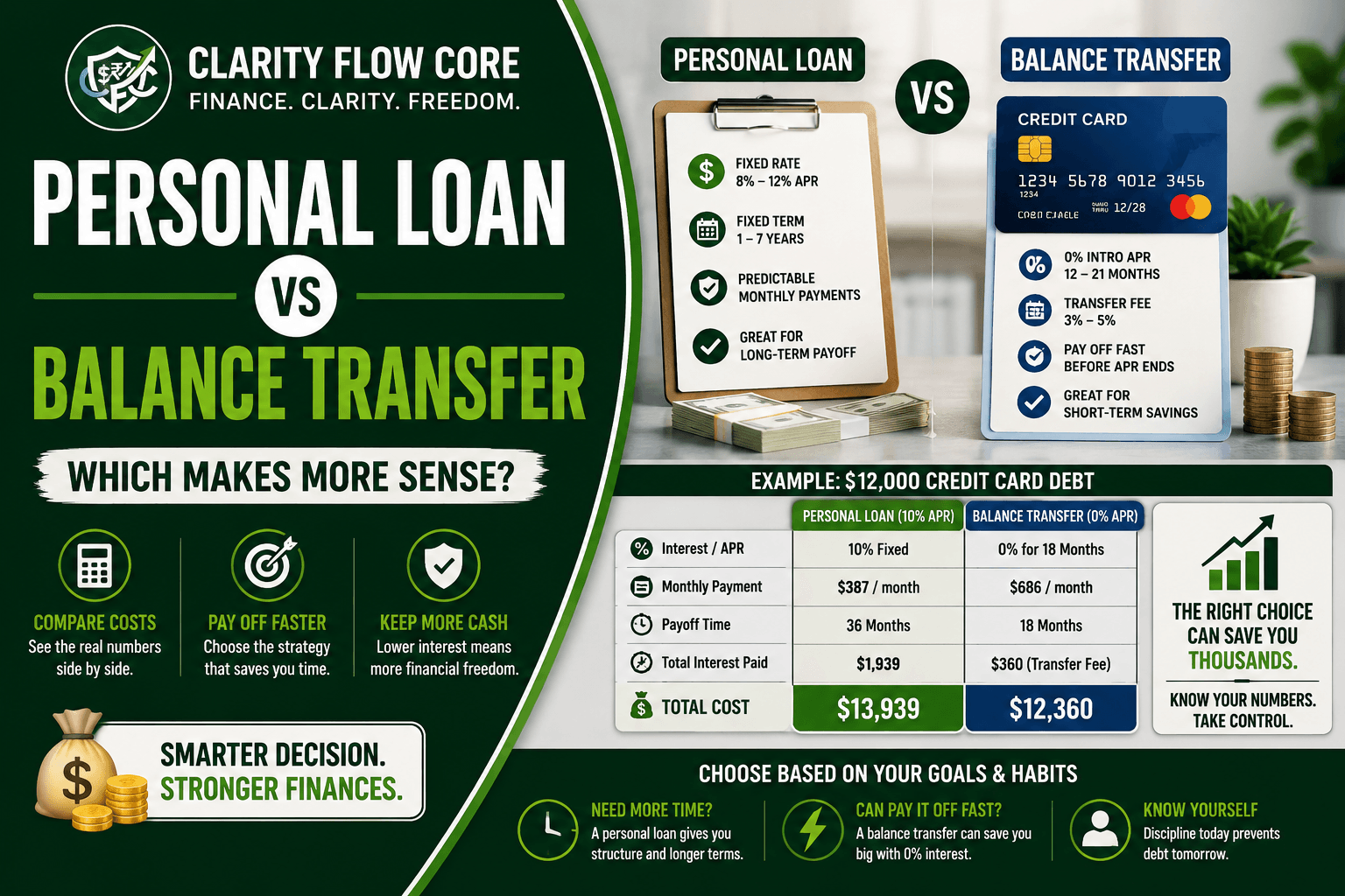 A financial comparison chart showing the mathematical differences of a personal loan vs balance transfer.
