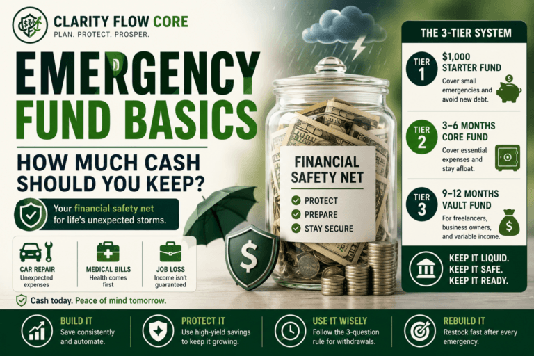 A financial breakdown showing emergency fund basics and the 3-tier saving system.