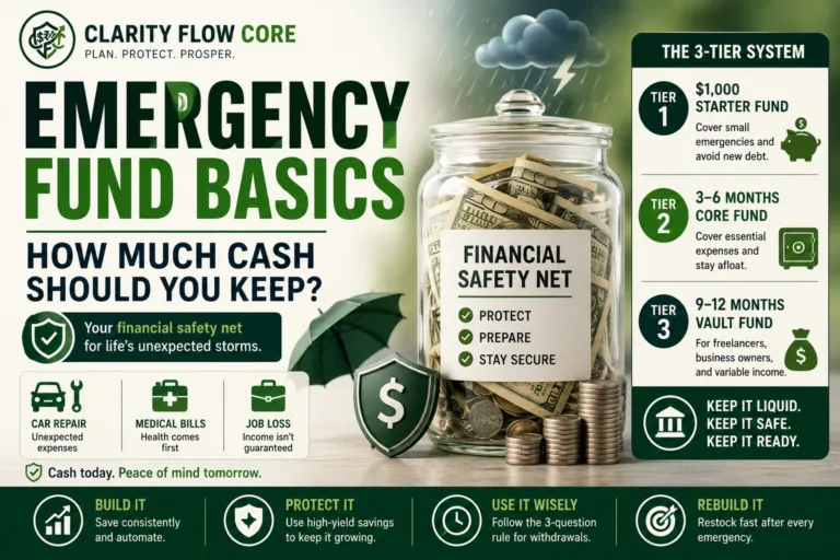 A financial breakdown showing emergency fund basics and the 3-tier saving system.