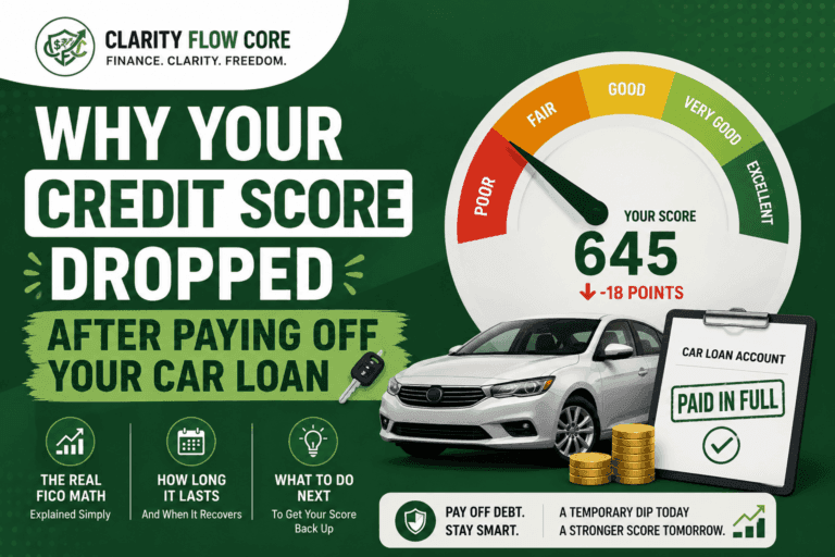 FICO score chart explaining a credit score drop after paying off car loan accounts.
