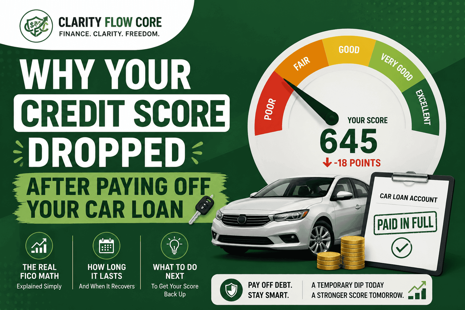 FICO score chart explaining a credit score drop after paying off car loan accounts.
