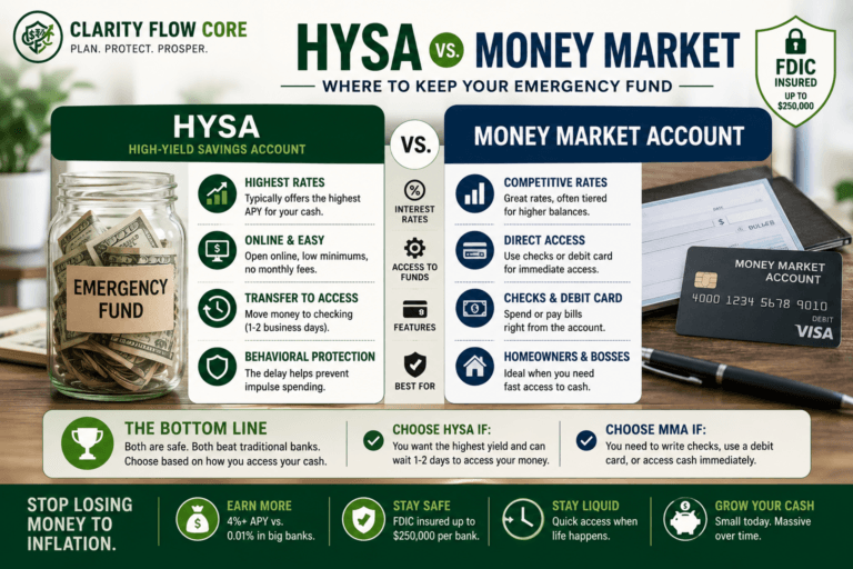 A financial comparison table showing the interest rates and features of an HYSA vs Money Market account.