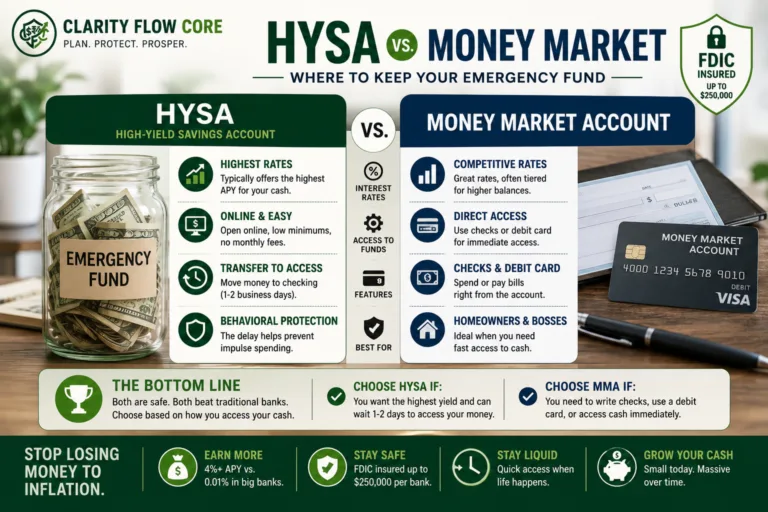 A financial comparison table showing the interest rates and features of an HYSA vs Money Market account.