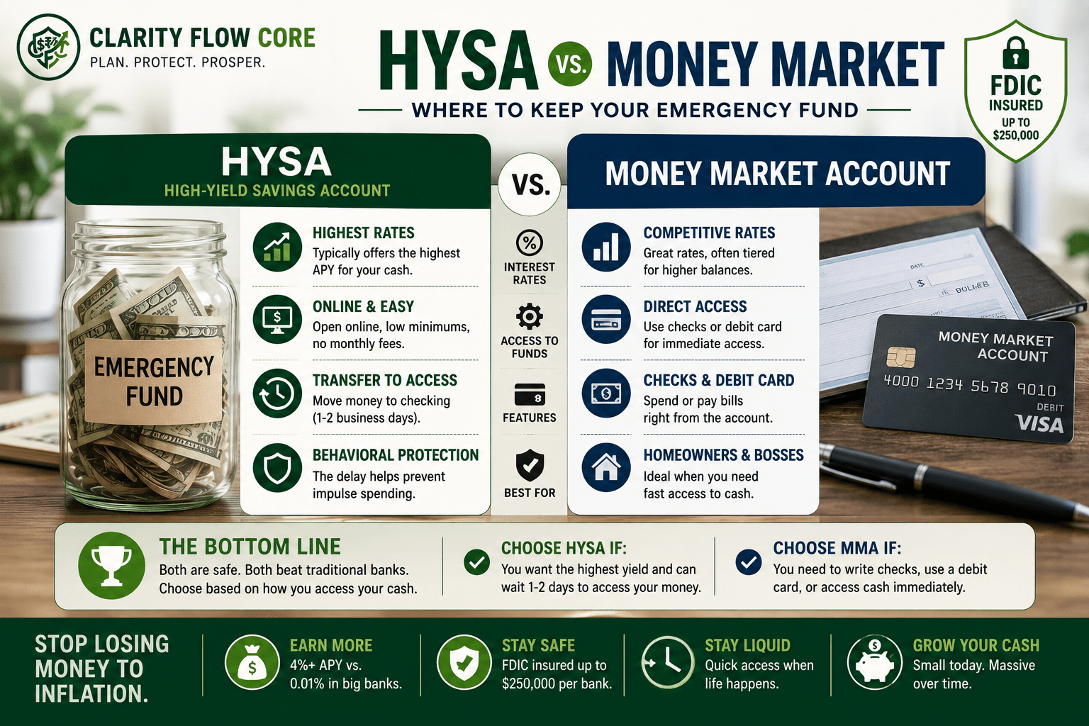 A financial comparison table showing the interest rates and features of an HYSA vs Money Market account.