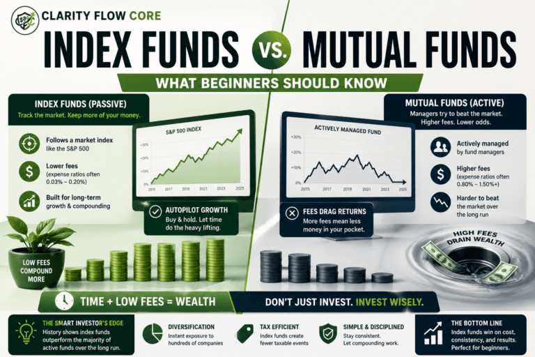 A financial chart comparing the long-term compound interest of index funds vs mutual funds.