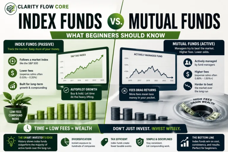 A financial chart comparing the long-term compound interest of index funds vs mutual funds.
