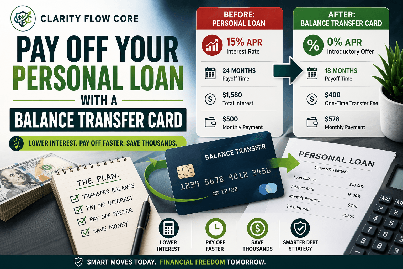 A financial comparison chart showing the math behind a balance transfer personal loan payoff strategy.