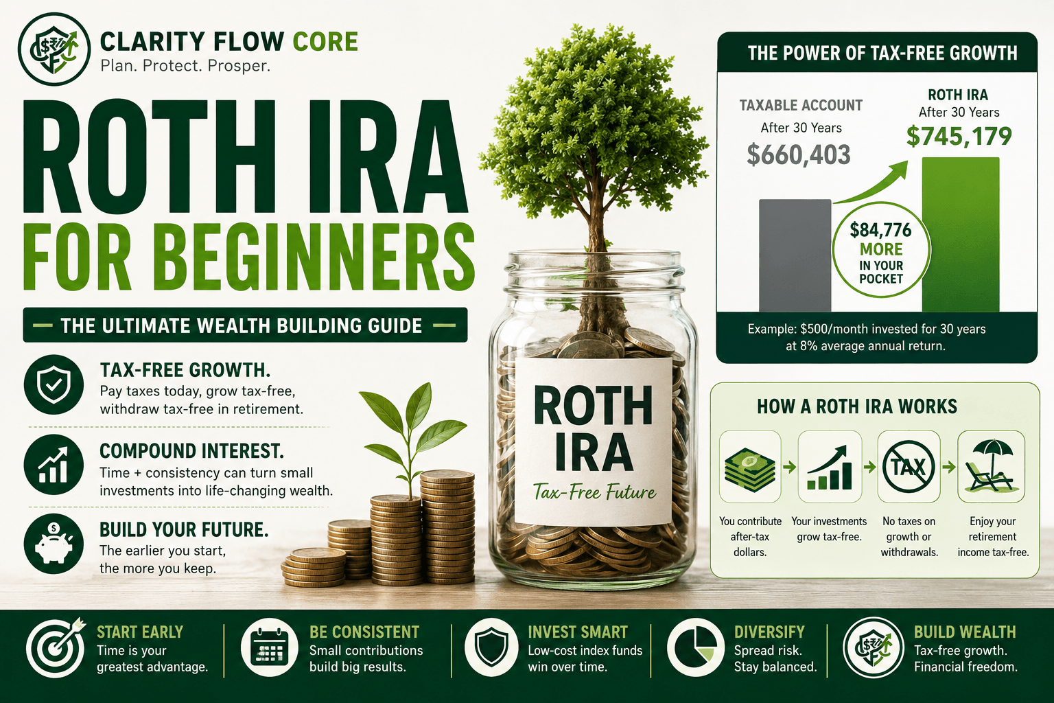 A compound interest comparison chart showing the tax-free growth of a Roth IRA for beginners.