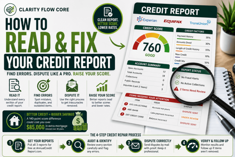 A highlighted credit document showing the step-by-step process of how to read and fix your credit report.