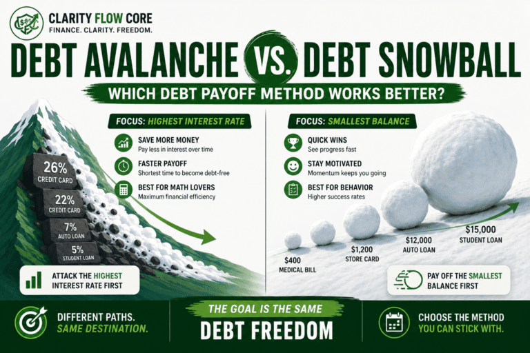 Comparison chart showing the mathematical difference between the debt avalanche vs debt snowball methods.