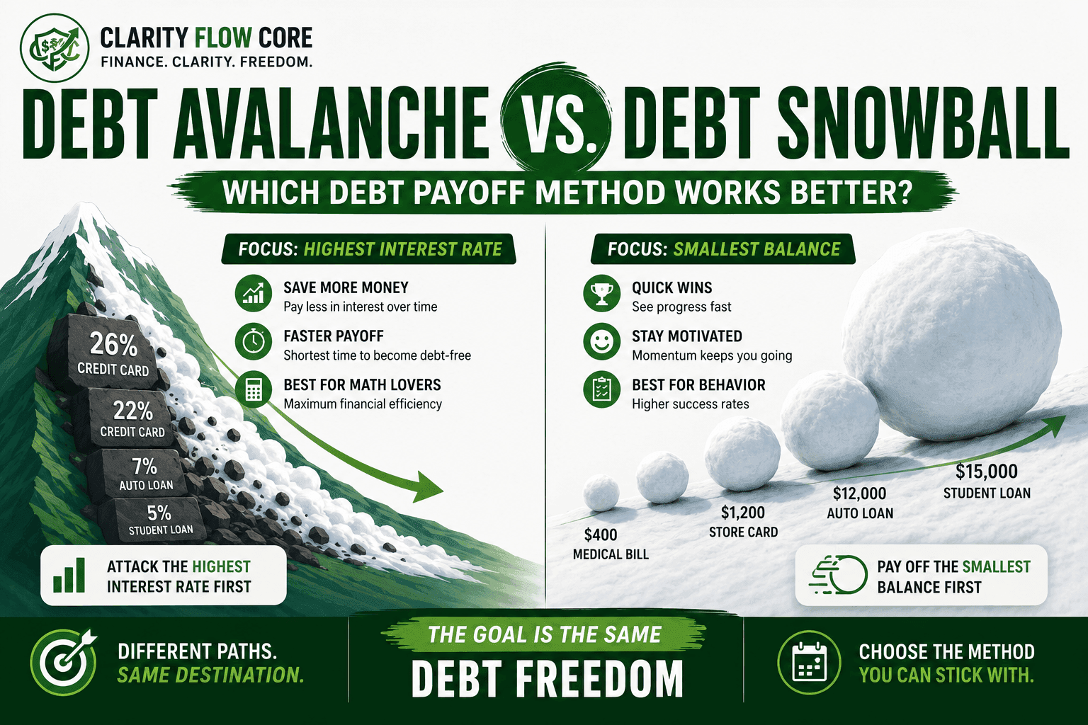 Comparison chart showing the mathematical difference between the debt avalanche vs debt snowball methods.