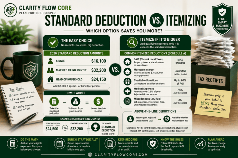 A financial comparison chart breaking down the exact math of standard deduction vs itemizing.
