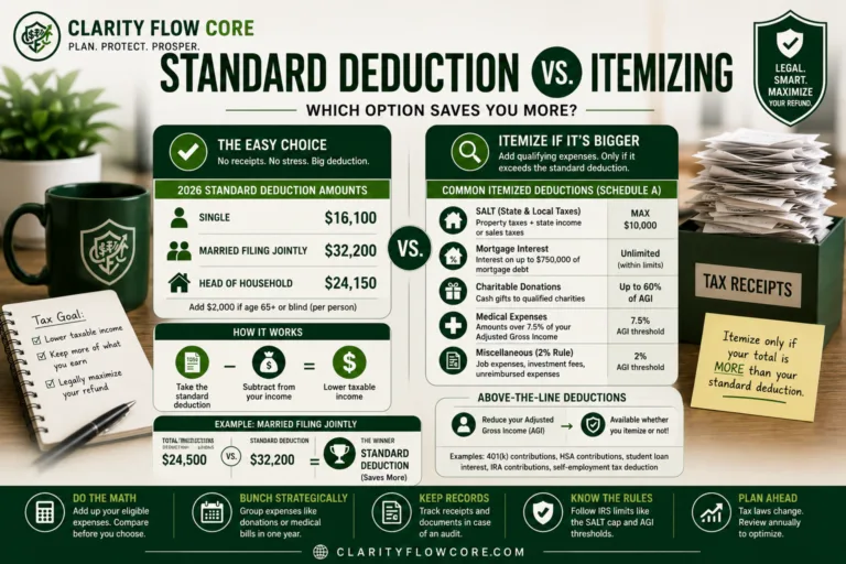 A financial comparison chart breaking down the exact math of standard deduction vs itemizing.