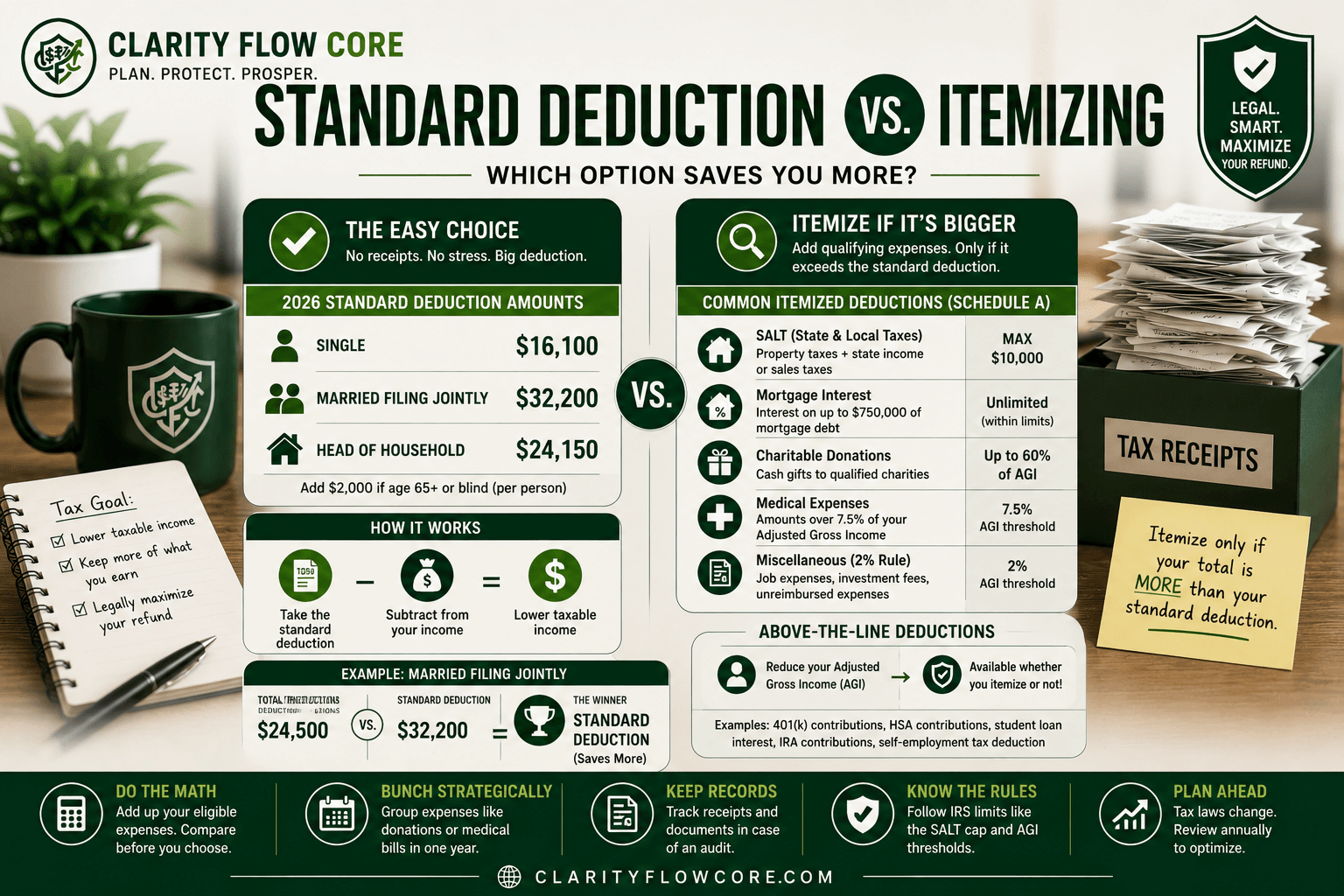 A financial comparison chart breaking down the exact math of standard deduction vs itemizing.