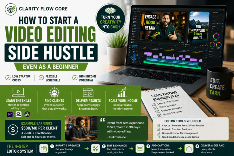 A timeline in Premiere Pro showing the workflow of a profitable video editing side hustle.