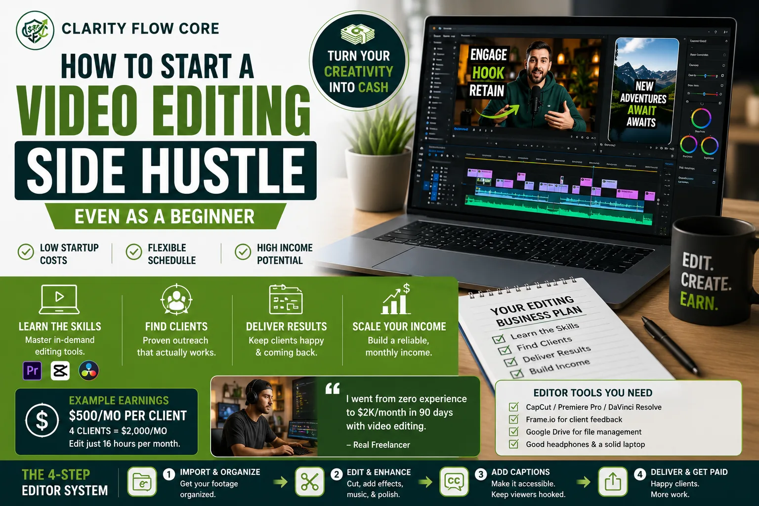 A timeline in Premiere Pro showing the workflow of a profitable video editing side hustle.