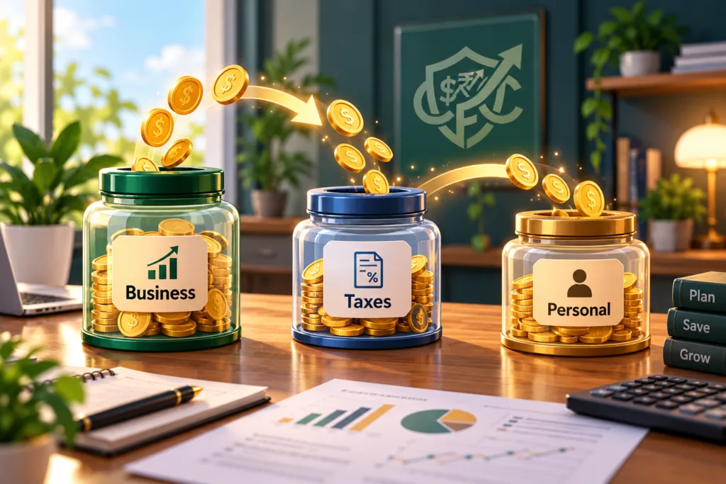 three distinct money jars or bank vaults labeled "Business," "Taxes," and "Personal.