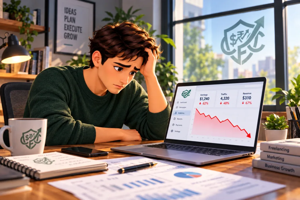 stressed freelancer looking at a laptop screen showing a steep downward line chart