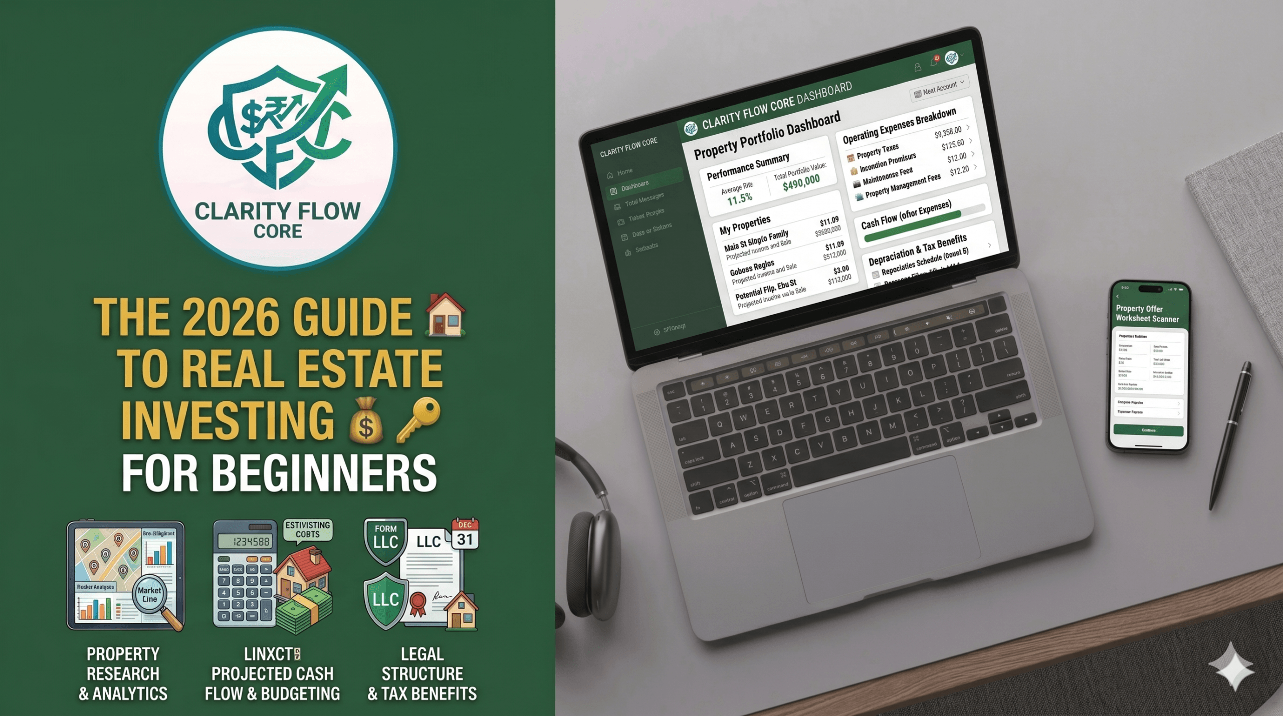 An illustrated guide to real estate investing for beginners showing property growth and passive income strategies