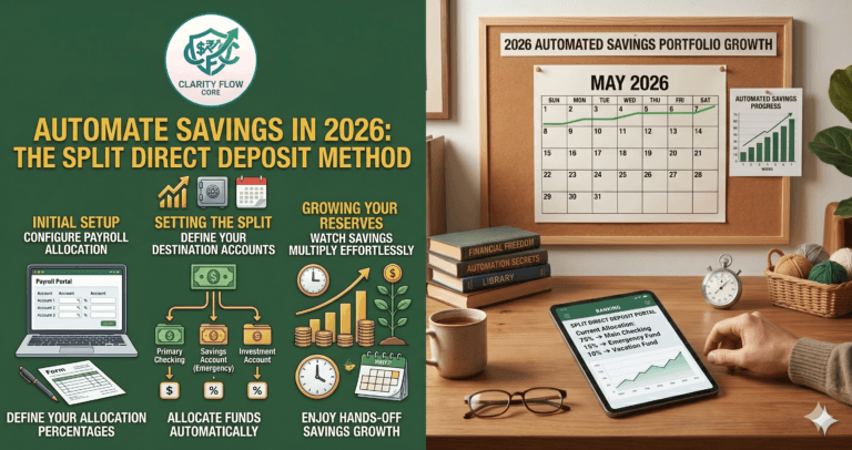 A split direct deposit diagram showing how to automate savings 2026.