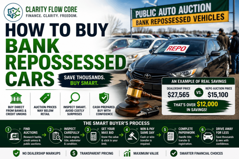 A row of vehicles at an auto auction showing how to buy bank repossessed cars.