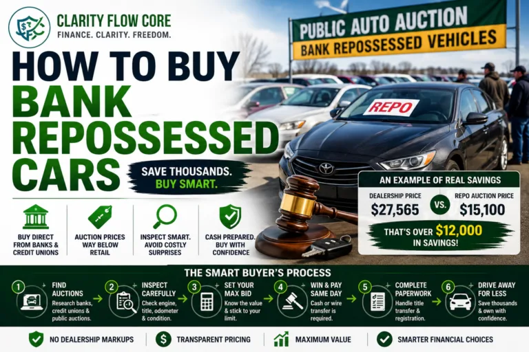A row of vehicles at an auto auction showing how to buy bank repossessed cars.