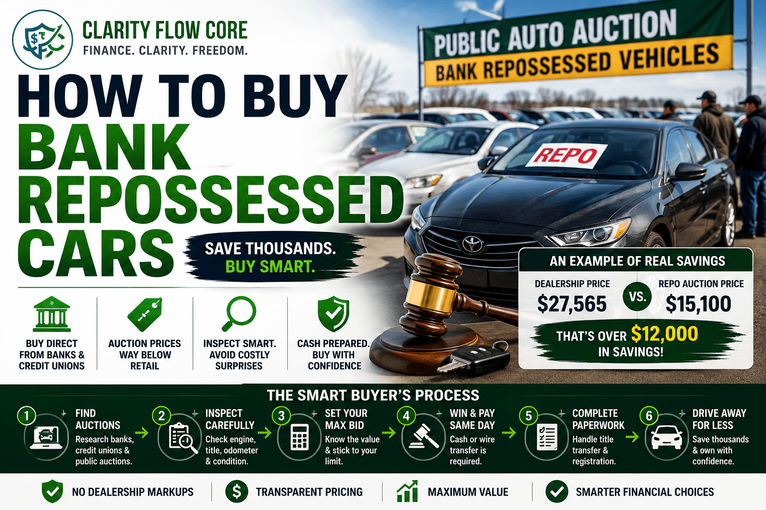 A row of vehicles at an auto auction showing how to buy bank repossessed cars.