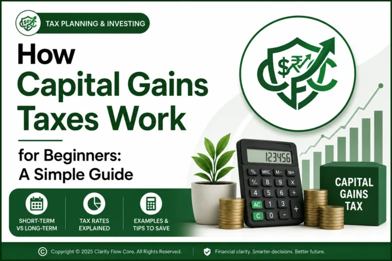 A financial infographic breaking down how capital gains taxes work for short-term and long-term assets.
