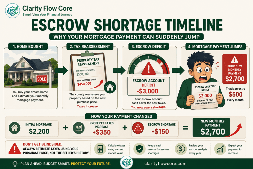 An infographic explaining the escrow shortage timeline, illustrating how a property tax reassessment after buying a home creates an escrow deficit and causes a sudden jump in monthly mortgage payments.