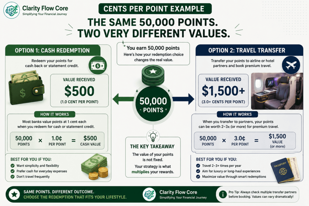 An infographic illustrating the cents per point math in the cash back vs travel credit cards debate, showing how 50,000 points yield $500 in cash but can unlock $1,500+ in value through direct travel transfers.