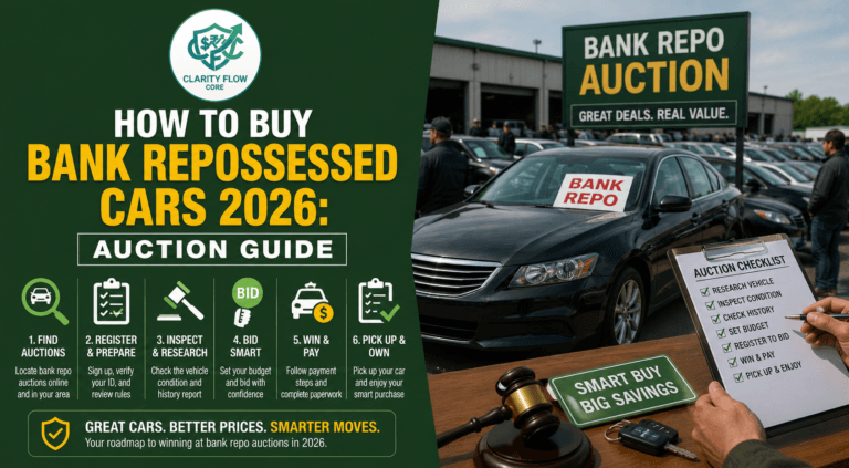 A row of vehicles at an auto auction showing how to buy bank repossessed cars 2026.