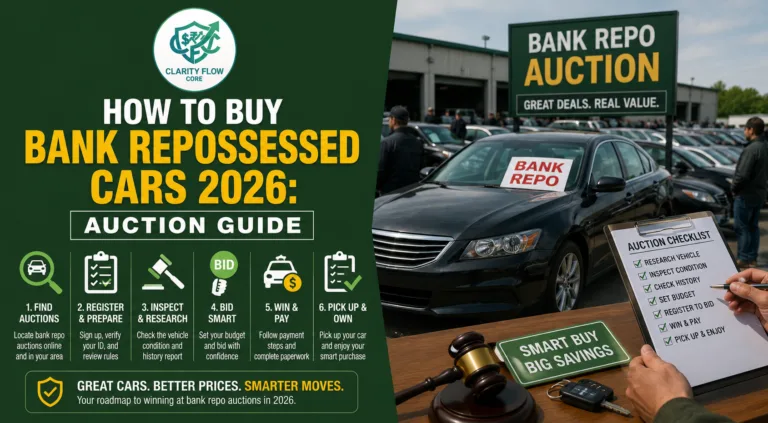 A row of vehicles at an auto auction showing how to buy bank repossessed cars 2026.