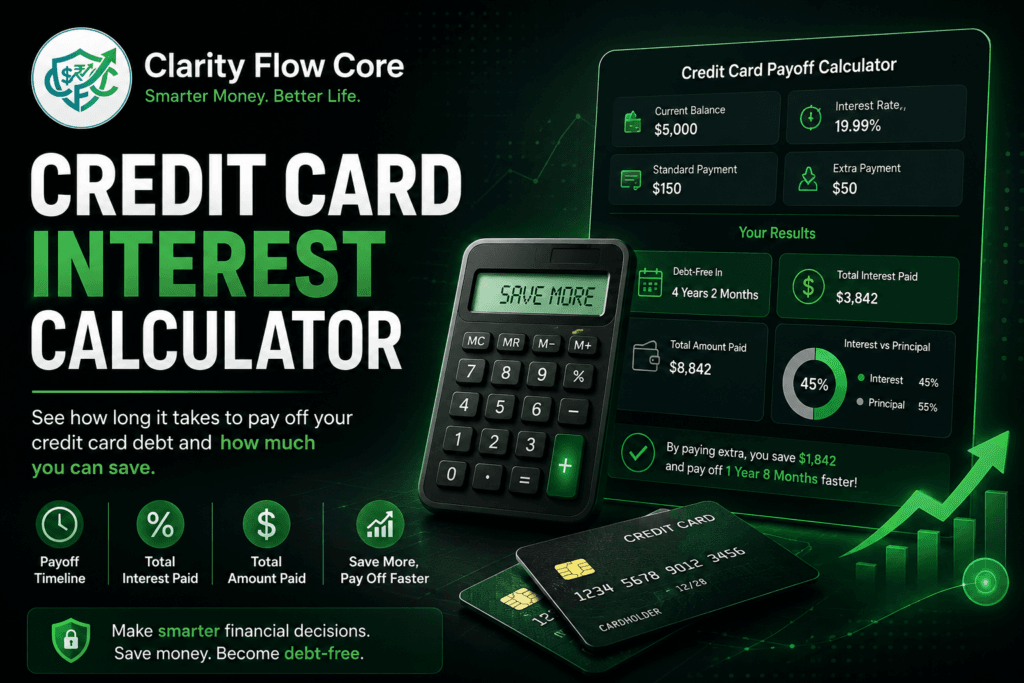 credit card payoff calculator dashboard showing payoff timeline, total interest paid, repayment savings, and debt reduction visuals with Clarity Flow Core branding in a dark green finance-themed interface.