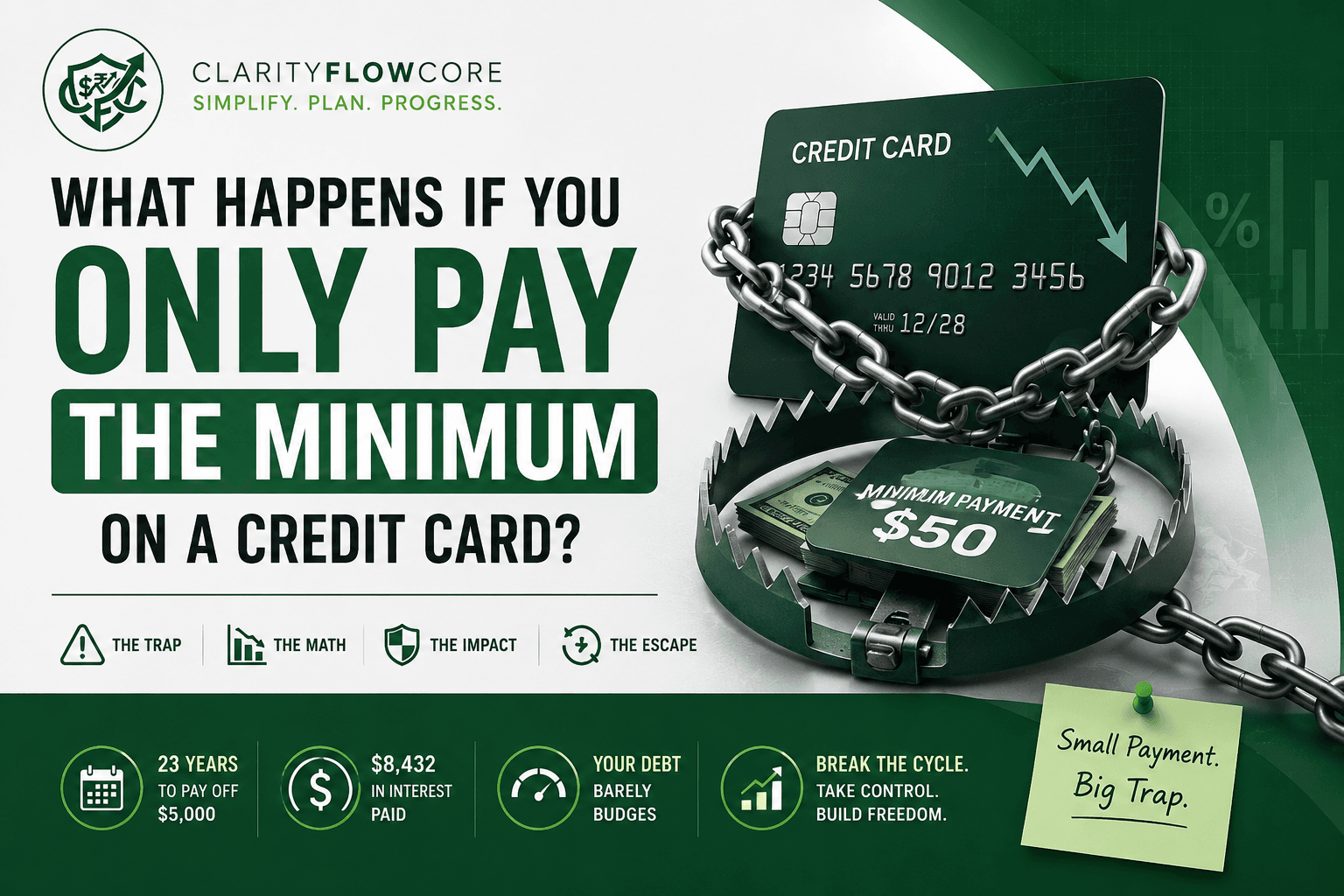 A financial infographic showing the debt timeline when you only pay the minimum on a credit card.