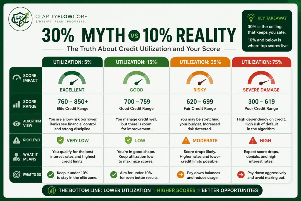 An infographic comparing different credit utilization tiers, explaining why keeping your balance under 10% builds excellent credit scores while exceeding 30% triggers algorithmic risk and score drops.