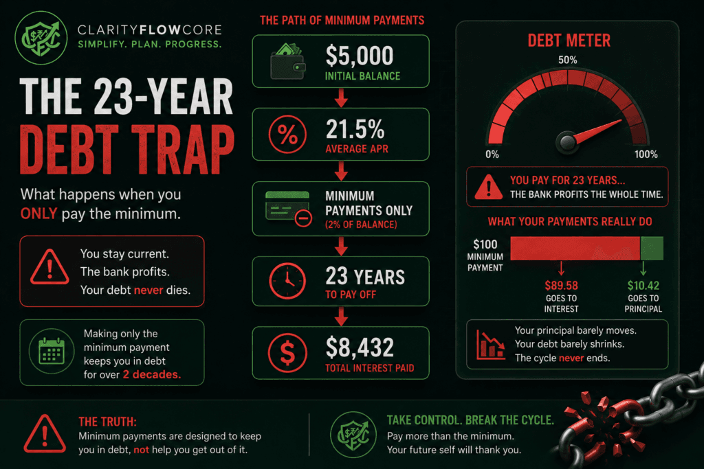 An infographic detailing the credit card minimum payment debt trap, showing how a $5,000 balance at a 21.5% APR takes 23 years to pay off and costs $8,432 in total interest when only paying the minimum.