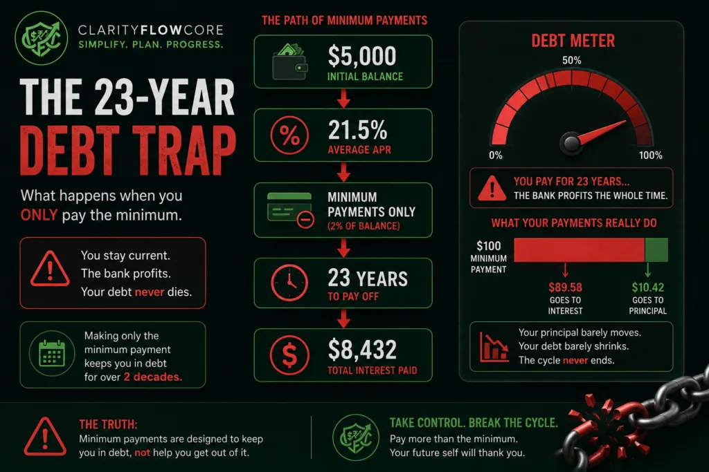 An infographic detailing the credit card minimum payment debt trap, showing how a $5,000 balance at a 21.5% APR takes 23 years to pay off and costs $8,432 in total interest when only paying the minimum.