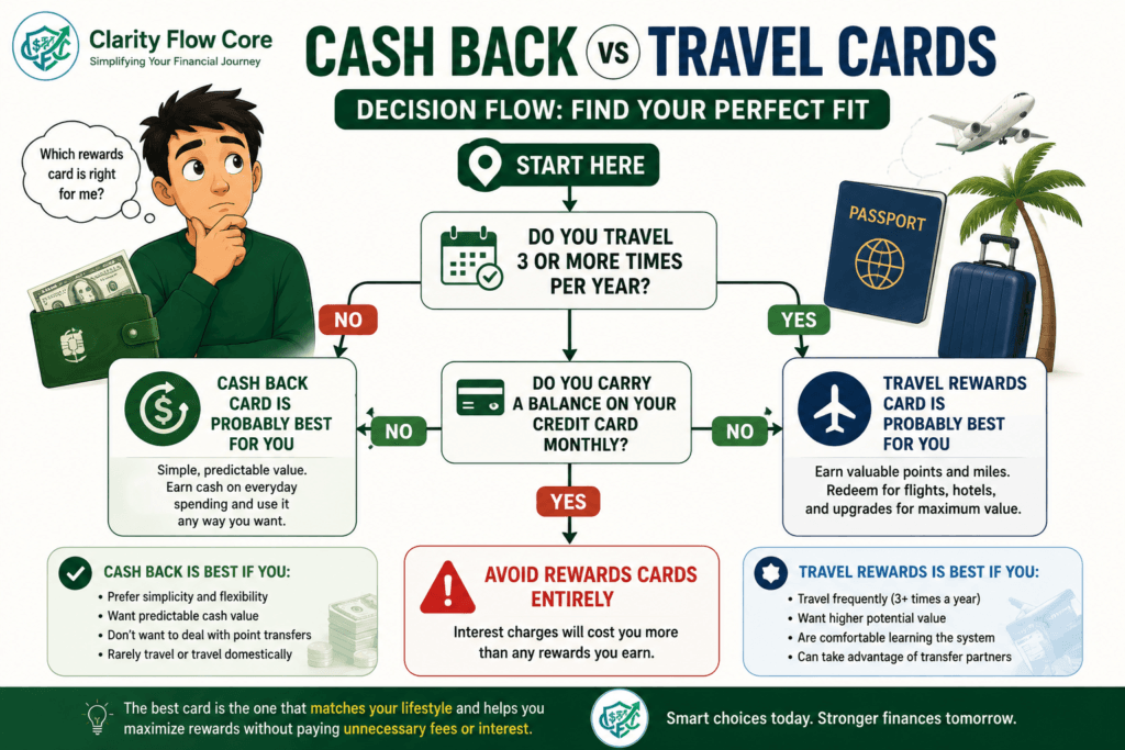 A decision flowchart infographic helping consumers choose between cash back vs travel credit cards based on their travel frequency and whether they carry a monthly balance.