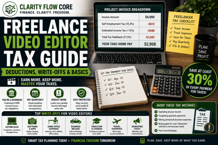 A spreadsheet showing how to calculate freelance video editor taxes and quarterly payments.