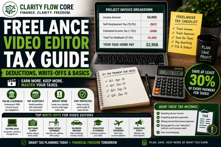 A spreadsheet showing how to calculate freelance video editor taxes and quarterly payments.