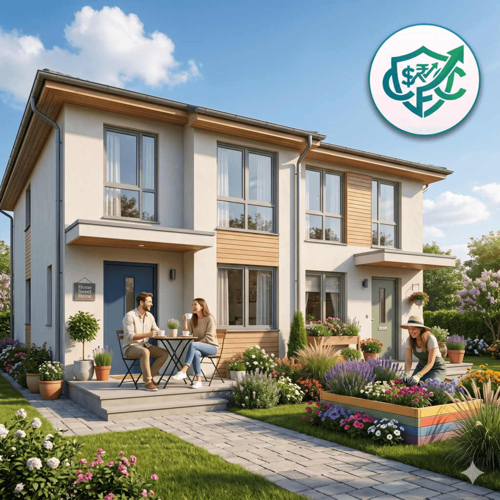 A modern duplex multi-family home illustrating how house hacking works for beginner real estate investors, featuring residents relaxing and gardening.