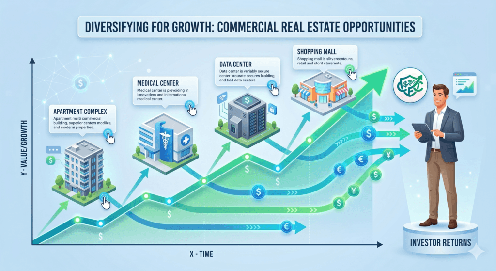 A graphic representation showing diverse commercial properties and a growing stock market chart, illustrating how REITs work for passive real estate investing.
