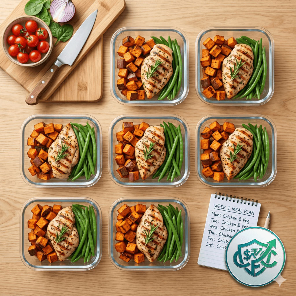 A collection of meal prep containers on a counter illustrating batch cooking to slash food budgets and prevent impulse takeout spending.