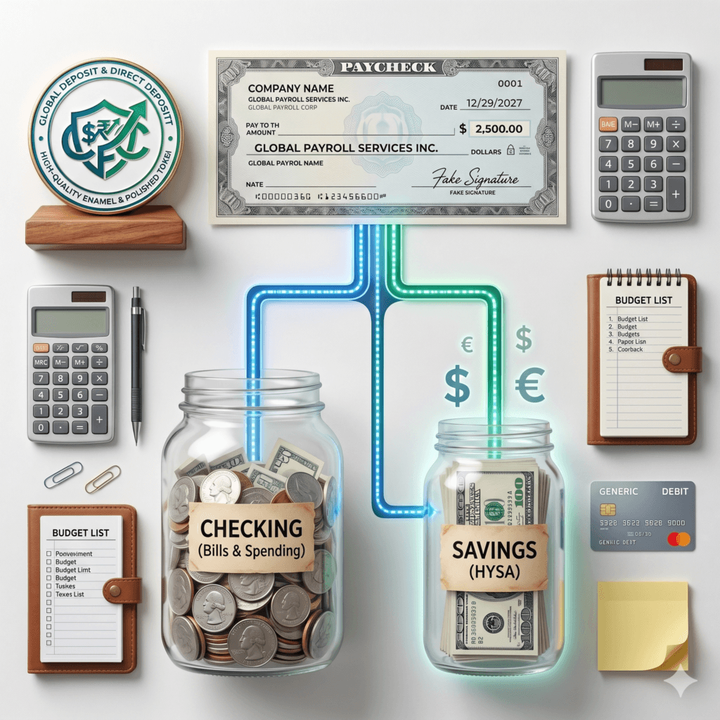 A split direct deposit diagram showing how to automate paycheck savings directly into a high-yield savings account.