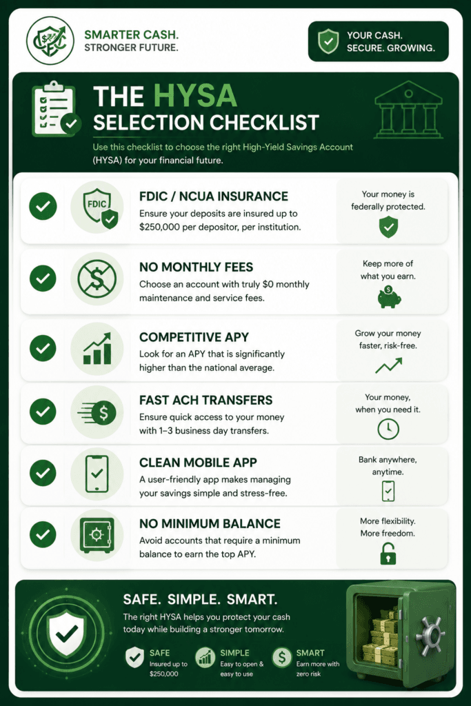 An infographic showing The Four-Point Checklist to choose your first high-yield savings account