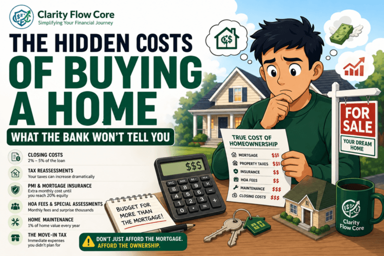 A financial spreadsheet detailing the hidden costs of buying a home including closing costs and taxes.